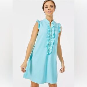MSRP $198 Lilly Pulitzer Adalee Shift Dress Turquoise Blue Ibiza Pearls Ruffle 4